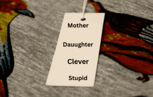 luggage label with different roles on it, mother, daughter, father, son